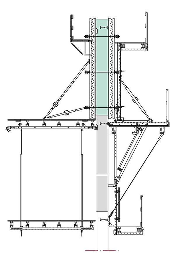 SCS can also be used for two-sided applications with formwork heights up to 6 m. This increases material utilization whilst simultaneously lowering the logistical time and effort.