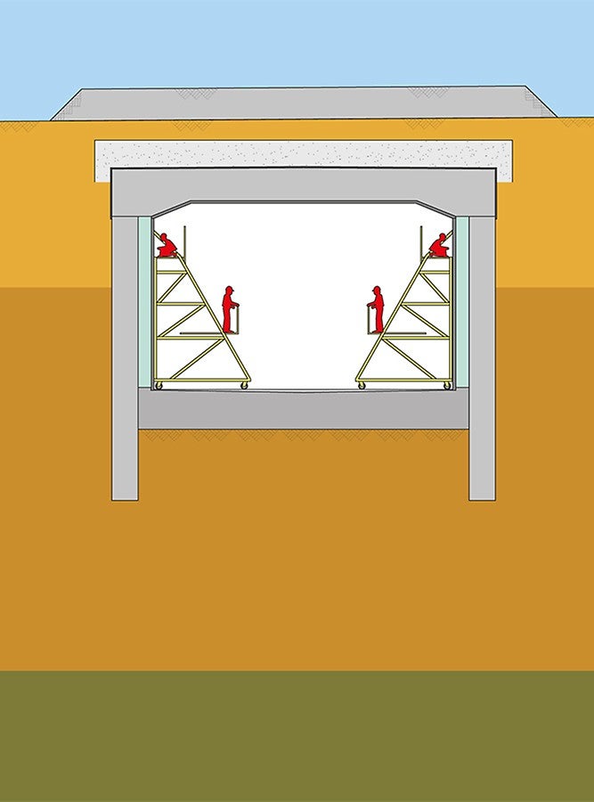 Die Tunneldecke wurde nach den Schlitzwänden betoniert und auf diesen aufgelagert. Danach begannen die Aushubarbeiten, beginnend vom Einfahrtsportal.