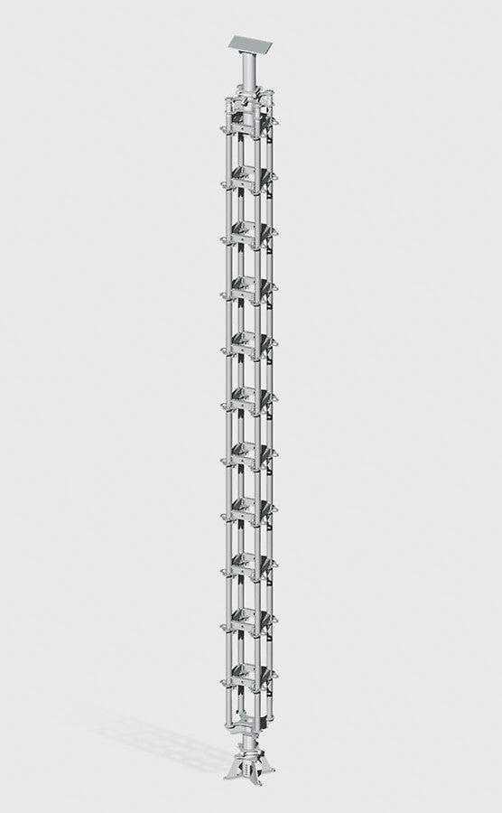 The new, 4-legged heavy-duty prop consists mainly of standard system components taken from the PERI UP Rosett Flex modular scaffolding system. It is used for transferring concentrated loads of up to 200 kN.