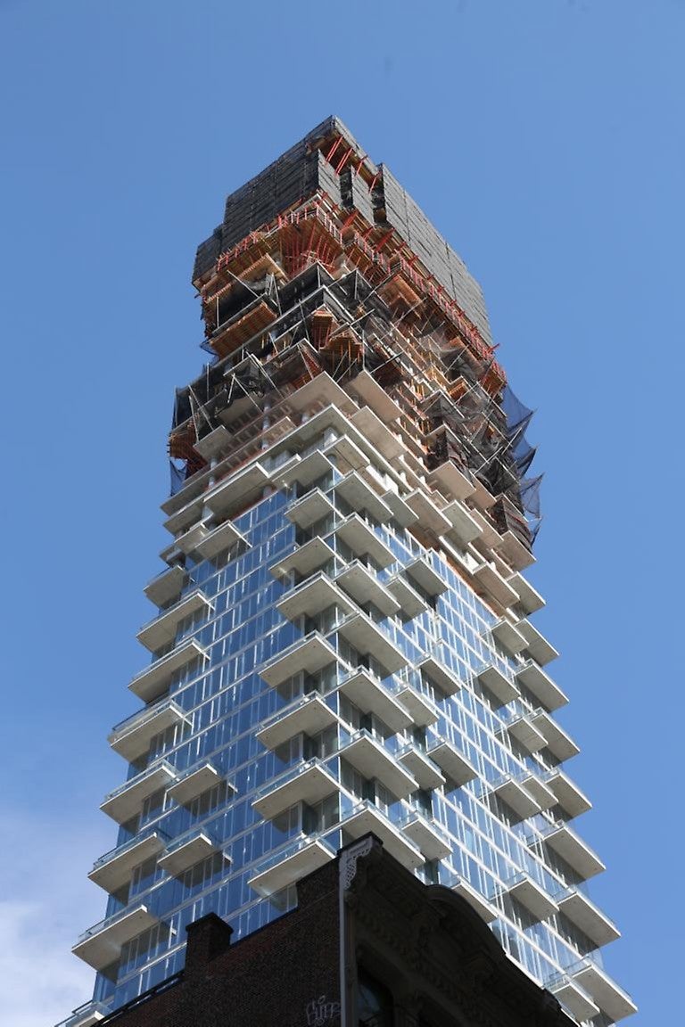 The countless cantilevered balconies and jagged edges are what gives the tower its unique appearance and the nick-name &quot;Jenga Tower&quot;