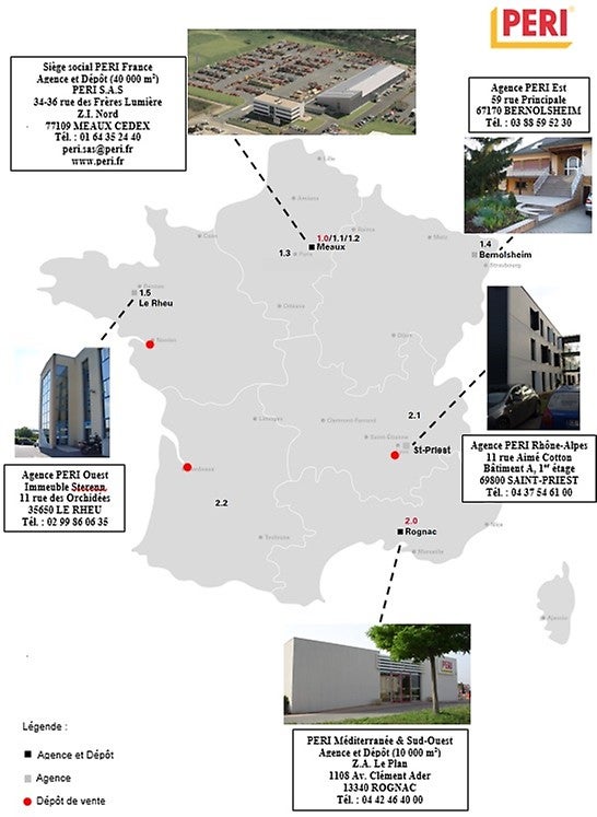 La carte de France PERI avec l’ensemble de ses implantations : siège social et agences, parcs matériels, dépôts de vente matériel.