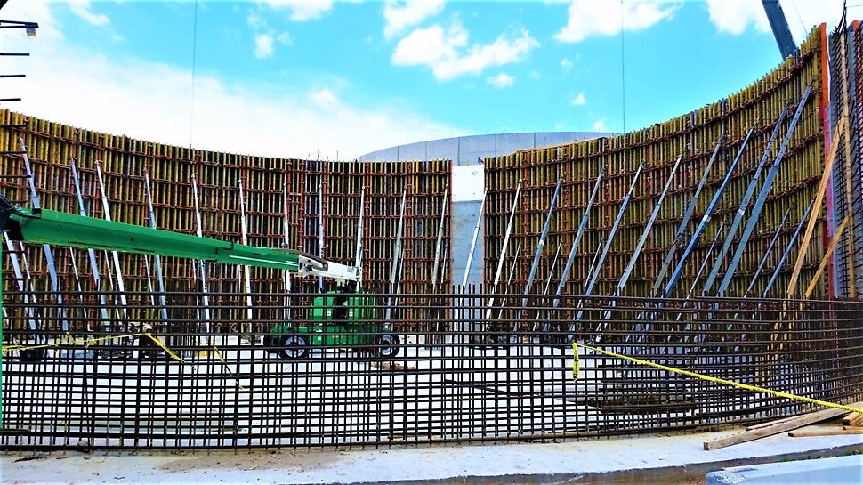 RUNDFLEX was used to form the round walls of the digester tanks and 42&#039; tall stacked MULTIPROP were used to support the slab formwork. 