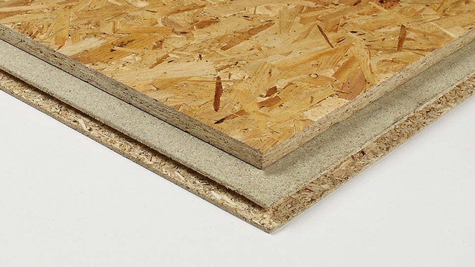 Oriented stranded Board uses the same system as plywood: opposing-orientation of wood fibres creates rigidity, allowing a very stiff panel without great weight.<br/><br/>