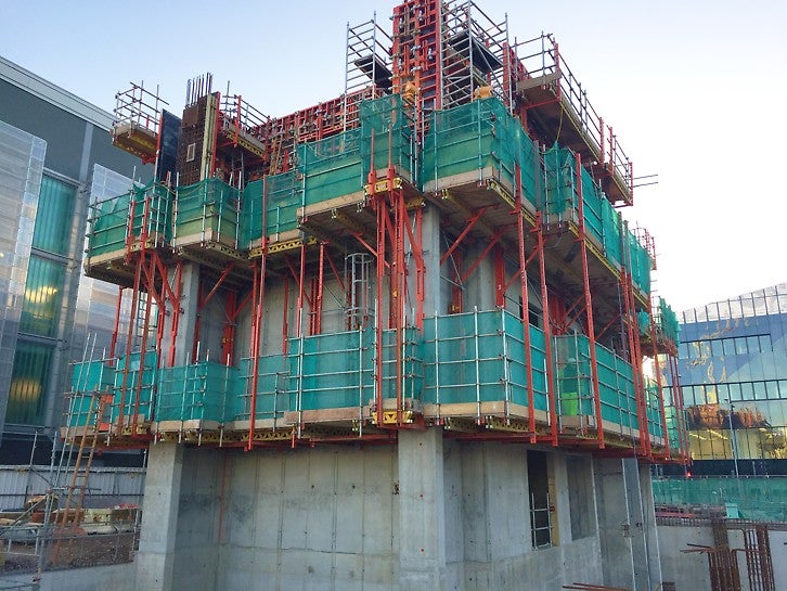 Project-specific formwork ascends on MECD’s irregular-shaped cores.