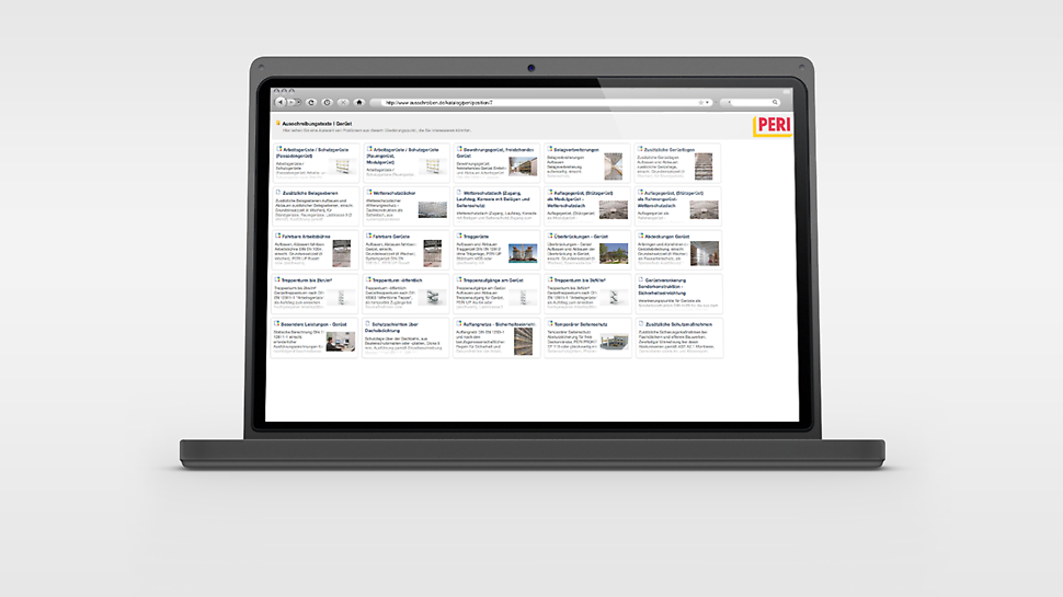 Umfangreiche Ausschreibungstexte für viele PERI UP Gerüstanwendungen