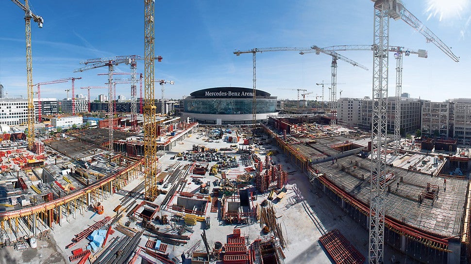 Der Rohbau des Gebäudekomplexes am Mercedes Platz konnte innerhalb von 16 Monaten Bauzeit fertiggestellt werden.