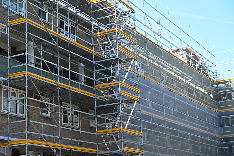 Scaffolding installation is complete, which will enhance the council-owned estate&#039;s carbon-neutral credentials.