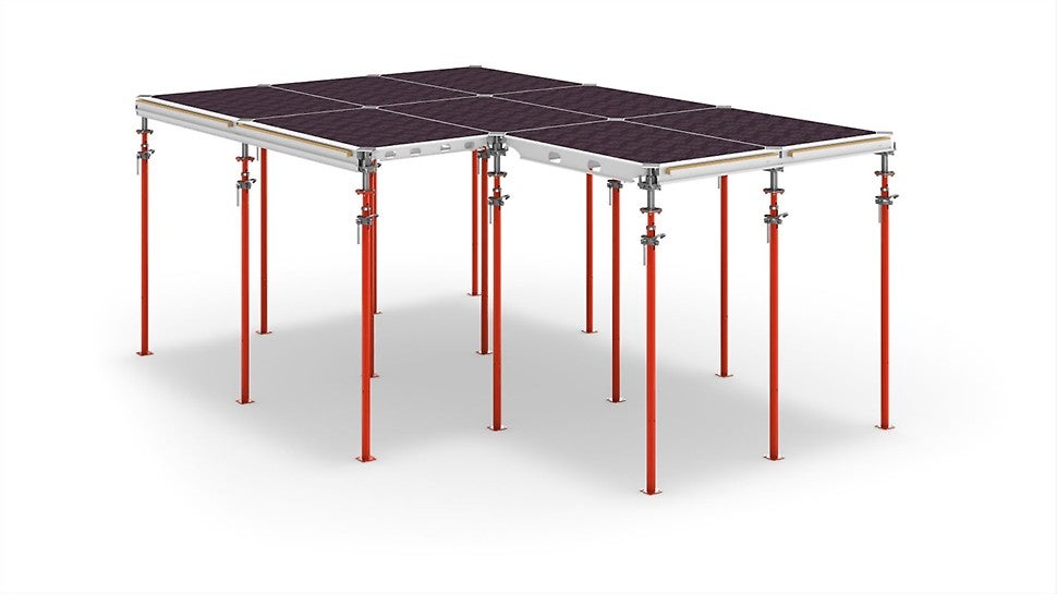 Cuando se trata de encofrar sus losas con ALPHADECK, solo necesita tres componentes: panel, cabezal de caida y apuntalamiento.<br/>