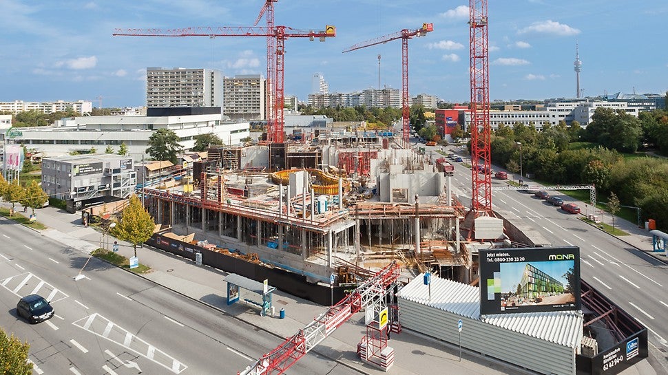 Die zentrale Lage mit idealer Verkehrsanbindung bringt hohe Anforderungen an den Bauablauf mit sich, denn es stehen nur äußerst begrenzte Lager- und Montageflächen zur Verfügung.