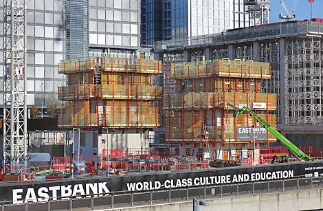 For these cores on the V&amp;A Stratford project, we provided ‘up and over’ access using our PERI UP Flex scaffold so operatives could gain access from one side of the VARIO formwork shutter to the other. This was crucial as the final floor levels followed up behind the core and were not yet in place.