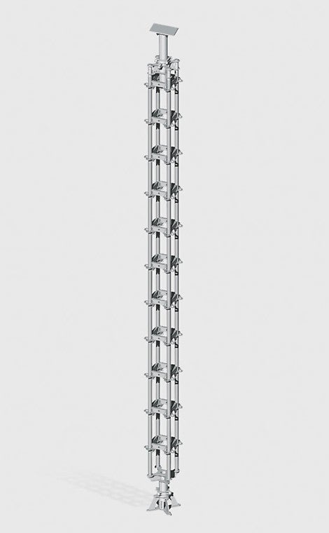 The new, 4-legged heavy-duty prop consists mainly of standard system components taken from the PERI UP Rosett Flex modular scaffolding system. It is used for transferring concentrated loads of up to 200 kN.