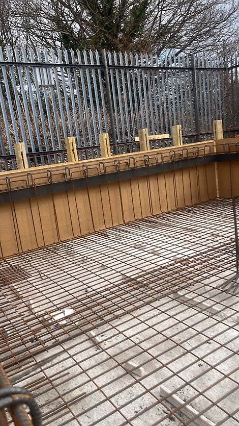 Reinforcement in place ahead of the concrete pour, demonstrating how waterproofing design and installation are integrated early in the construction process.