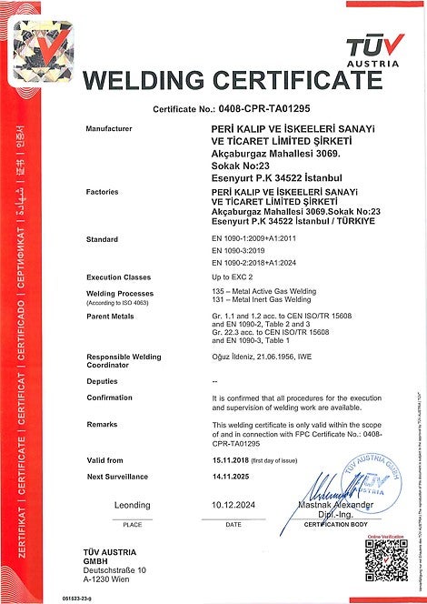 EN 1090-2 Çelik Yapılarda Kaynak Yeterliliği Sertifikası<br/>EN 1090-3 Alüminyum Yapılarda Kaynak Yeterliliği Sertifikası