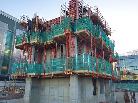 Project-specific formwork ascends on MECD’s irregular-shaped cores.