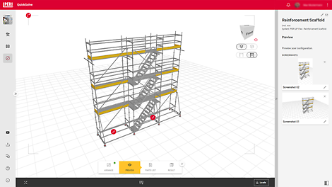 Erstellen Sie mit nur wenigen Klicks das für Ihren Einsatzzweck passende Bewehrungsgerüst und betrachten Sie die geplante Lösung in 3D. Stücklisten, Screenshots und weitere Informationen können Sie als PDF-Datei exportieren und zur Unterstützung beim Aufbau nutzen.