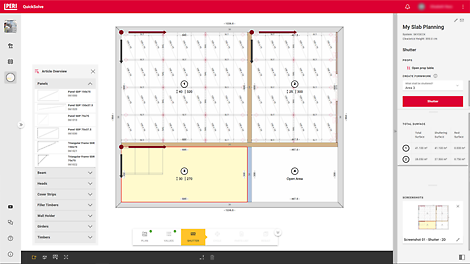 Auf Basis der Eingabe Ihres Grundrisses wird automatisch Ihre Deckenschalungslösung in 3D erstellt. Bei der Planung können Sie die Wandarten definieren und festlegen, welche Stützenarten und -köpfe die Planung berücksichtigen soll. Stücklisten, Pläne und Screenshots der Lösung lassen sich für einen einfachen Aufbau als PDF-Datei exportieren.