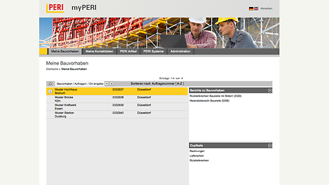 In myPERI, the customer can find all his active jobsites with PERI. Helpful reports and copies of important documents concerning these jobsites are stored.