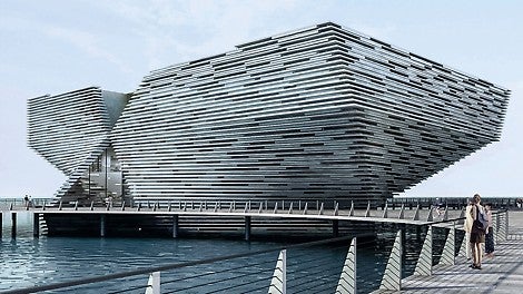 Japanese architect, Kengo Kuma, designed the two angular, funnel-shaped structures. One corner rises like the bow of a ship above the Firth of Tay in Craig Harbour.