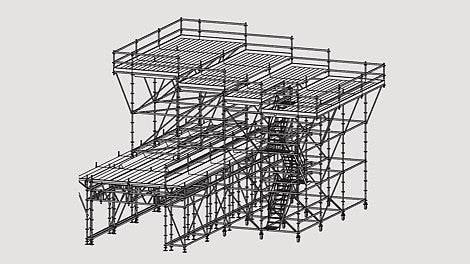 Das 10 m hohe und 9 m lange Arbeitsgerüst mit integriertem Treppenzugang ist verfahrbar ausgebildet.