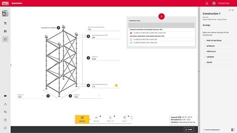 Das Planungstool ermöglicht Ihnen die Erstellung von Standardkonfigurationen für Traggerüste mit verschiedenen Systemen. Passen Sie die Abmessungen an, wählen Sie verschiedene Materialoptionen und überprüfen Sie die Tragfähigkeit, um die Nutzung zu maximieren.