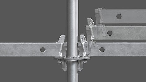 During erection, the wedge of the waler falls into the Rosett joints due to its own gravity and locks automatically.