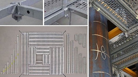 Конструкция из лесов легко адаптируется под условия объекта. С помощью соединительных элементов дополнительные ригели и стойки можно установить практически в любом месте. Такая возможность позволяет устанавливать леса вокруг объектов любой геометрии. Настилы и ригели легко стыкуются друг с другом благодаря размерам, кратным 25 см.