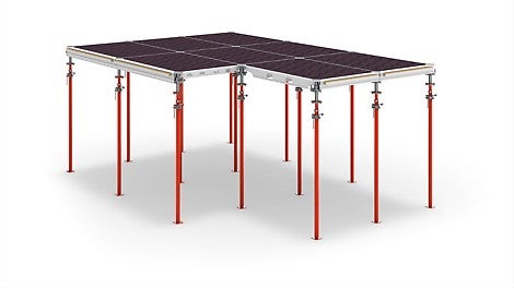 Cuando se trata de encofrar sus losas con ALPHADECK, solo necesita tres componentes: panel, cabezal de caida y apuntalamiento.<br/>