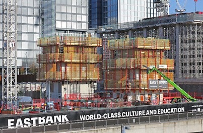 For these cores on the V&amp;A Stratford project, we provided ‘up and over’ access using our PERI UP Flex scaffold so operatives could gain access from one side of the VARIO formwork shutter to the other. This was crucial as the final floor levels followed up behind the core and were not yet in place.