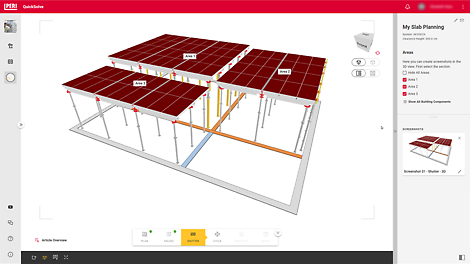 Auf Basis der Eingabe Ihres Grundrisses wird automatisch Ihre Deckenschalungslösung in 3D erstellt. Bei der Planung können Sie die Wandarten definieren und festlegen, welche Stützenarten und -köpfe die Planung berücksichtigen soll. Stücklisten, Pläne und Screenshots der Lösung lassen sich für einen einfachen Aufbau als PDF-Datei exportieren. 