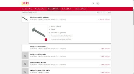 Die Artikelübersicht bietet Einblick in das gesamte PERI Sortiment. Artikelbilder und Gewichtsangaben erleichtern dessen Einsatz.