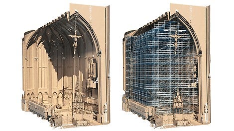 Der Innenraum wurde mangels Bestandsplänen mithilfe von 3D-Laser-Scanning erfasst und in ein 3D-Bauwerksmodell überführt – als Grundlage für die Gerüstplanung mit PERI CAD.