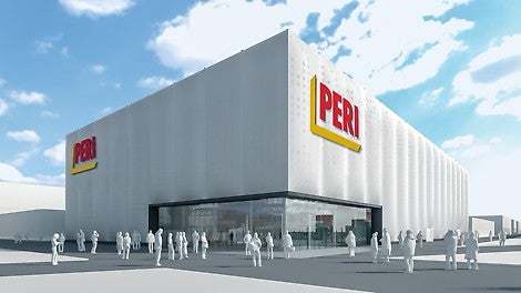 Le hall d’exposition PERI à la bauma 2019 : <br/>il occupe une place centrale autour de l’immense arène où les nouveaux produits ont été présentés en situation de chantier.<br/>