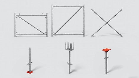 连接框架、对角撑杆、十字柱头螺杆、定位螺母、螺杆、柱底板和支托板。