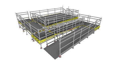 Подиум для маломобильных групп населения размером 7,5 х 7 м имеет одну особенность: пандус, который одновременно компактный в плане и соответствует допустимым уклонам.