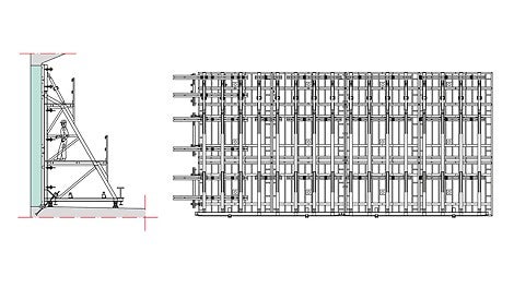 Wandansicht zweier gekoppelter TRIO Rahmenschalungselemente und Stützbockeinheiten mit Riegellagen für einen Betonierabschnitt (links) und Schnitt (rechts).