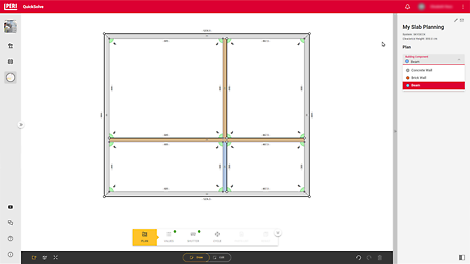 Auf Basis der Eingabe Ihres Grundrisses wird automatisch Ihre Deckenschalungslösung in 3D erstellt. Bei der Planung können Sie die Wandarten definieren und festlegen, welche Stützenarten und -köpfe die Planung berücksichtigen soll. Stücklisten, Pläne und Screenshots der Lösung lassen sich für einen einfachen Aufbau als PDF-Datei exportieren. 