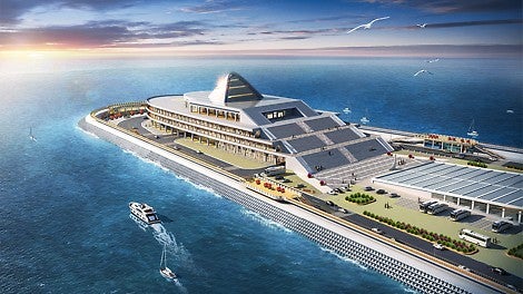 在港珠澳大桥的东、西人工岛隧道出口处，建造了醒目的清水混凝土结构。图中右侧为隧道的东出口。（图示：©中国交通建设有限公司联合体. CCCC）