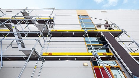 Rozety na ramie Easy umożliwiają łącznie rusztowania ramowego PERI UP Easy z elementami systemowymi rusztowania modułowego PERI UP Flex.