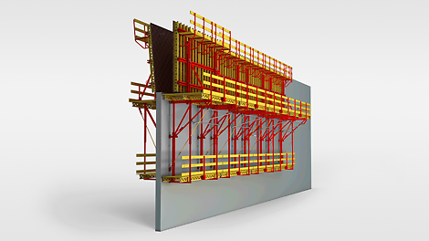 Avec le système de coffrage grimpant CB 240, l&#039;élément de coffrage (coffrage de fermeture) est reculé jusqu&#039;à 75 cm pour le décoffrage avec le chariot.
