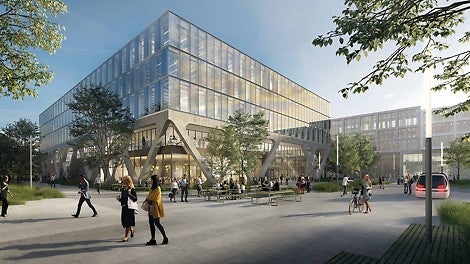 Das fünfstöckige Schulungsgebäude mit 76,40 m Länge, 49,40 m Breite und über 15.000 m² Bruttogeschossfläche wird ab Ende 2022 als Trainingszentrum der Flughafen München GmbH genutzt.<br/>(Grafik: Flughafen München / Auer Weber)