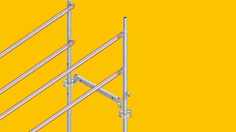 Bei Bedarf kann bei PERI UP der vorlaufende Seitenschutz auch in der modularen Bauweise mit dem Easy-Stiel realisiert werden, was sowohl bei flächigen als auch bei stark gegliederten Fassaden und selbst für die offenen Fassaden bei Scheiben- und Skelettbauweisen ein grosser Vorteil ist.