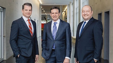 The management at PERI is pleased about the new location in Günzburg (from left to right): Dr. Fabian Kracht, Managing Director Finance and Organisation, Alexander Schwörer, Managing Director Sales and Marketing, Leonhard Braig, Managing Director Product and Engineering.