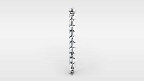 Die vierstielige Schwerlaststütze aus serienmäßigen PERI UP Systemteilen wird zur Ableitung konzentrierter Einzellasten von bis zu 200 kN ein gesetzt.