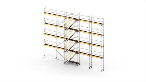 Die PERI UP Treppe in 67 cm Breite – übergangslose Montage über den integrierten Gerüstknoten des Easy Rahmen oder Easy Stiel an das PERI UP Fassadengerüst