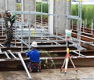 北海道新幹線工事、大野新道橋りょう工事<br/>【ドイツ最新鋭型くさび式保工 PERI－UP ロゼット・STR 100】<br/> 