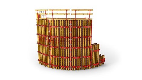 Continuously adjustable circular formwork for radii greater than 1.00m without panel alterations<br/>