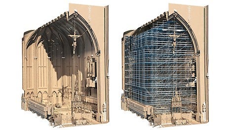 Der Innenraum wurde mangels Bestandsplänen mithilfe von 3D-Laser-Scanning erfasst und in ein 3D-Bauwerksmodell überführt – als Grundlage für die Gerüstplanung mit PERI CAD.