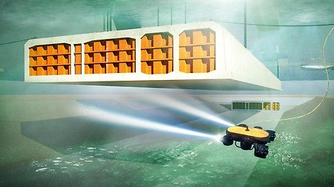 Visualisation of the immersion and connection of tunnel elements.<br/>(Illustration: Femern A/S)<br/>