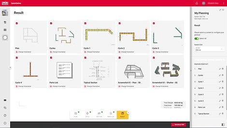 Nach der Eingabe weniger Informationen, wie Grundriss, Wandstärke und Taktlängen, erstellt das Tool automatisch Ihre Wandschalungsplanung in 3D. Sie können dabei bestimmen, ob Ihr eigener Materialbestand bei der Planung berücksichtigt werden soll. Stücklisten, Pläne und Screenshots der Lösung lassen sich einfach als PDF-Datei exportieren.