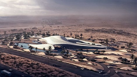 The new headquarters of the environmental company Bee&#039;ah is currently being realized according to the plans of the famous architect Zaha Hadid. The design of the futuristic building with its complex structure is based on the shape of a sand dune. (Source: www.zaha-hadid.com)<br/>